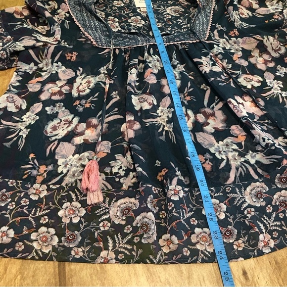 Knox Rose Womens Size Large Peasant Bohemian Floral Top Front Tie Blue Green - Picture 10 of 10